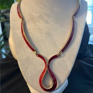 Signed Michele Lynn Red Enamel Statement Necklace | Gold Tone Sculptural Y-Drop